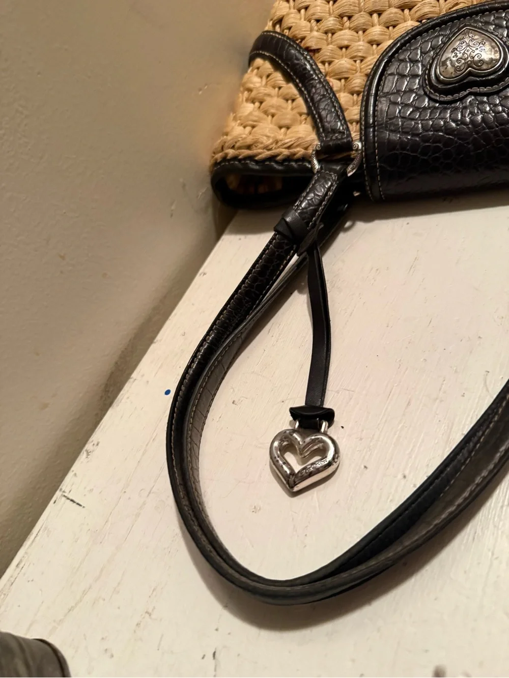 Brighton Natural Straw Tote with Dark Brown Trim and Heart Charm